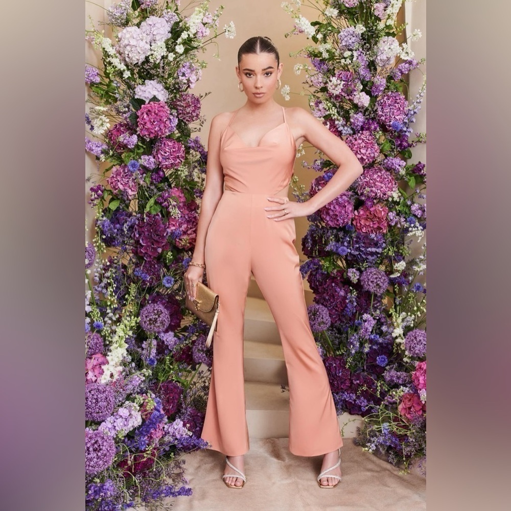 NWT Lavish Alice Gabriella Cowl Neck Cut Out Jumpsuit Satin Peach Size 2